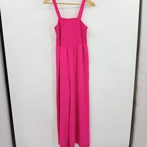 Hot Pink Smocked Wide Leg Jumpsuit Womens Size Medium Sleeveless Pockets Crepe